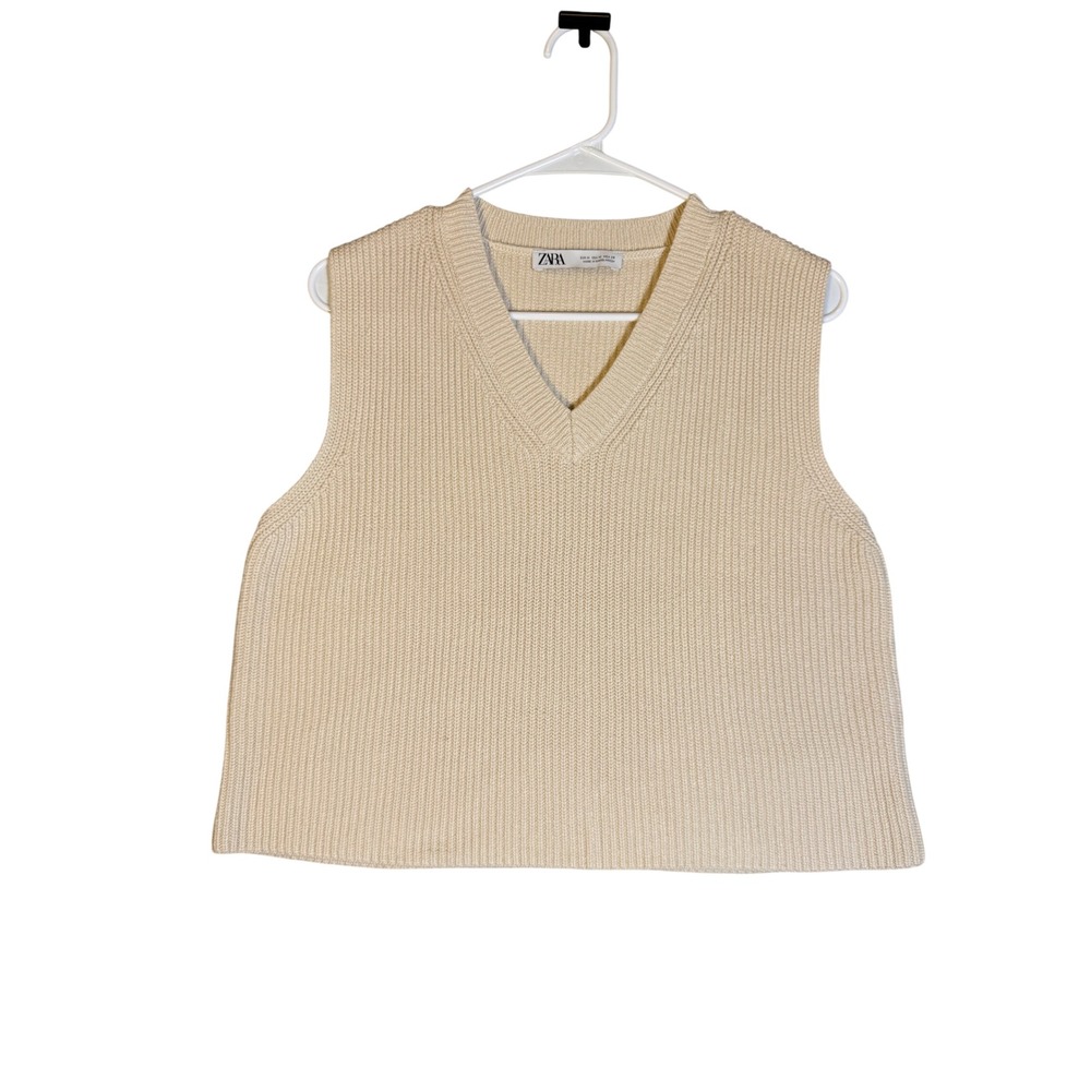 Zara Womens Ribbed Knit V-Neck Sweater Vest Cream Beige Top Medium